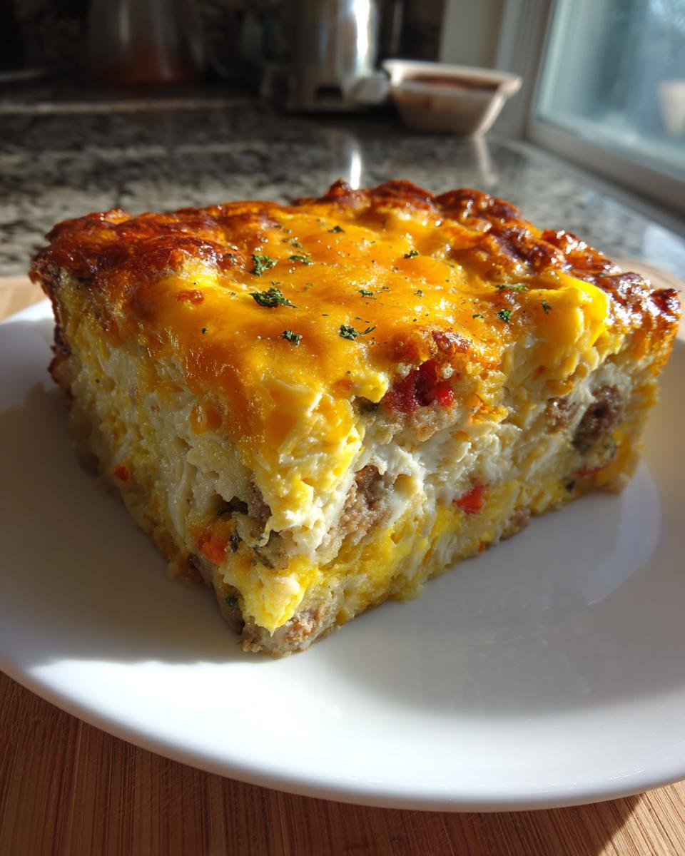 A thick, square slice of baked breakfast casserole with eggs, sausage, and melted cheddar cheese topping.
