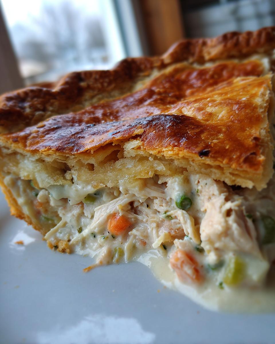 Close-up of a slice of chicken pot pie showing flaky crust and creamy filling with chicken and vegetables.
