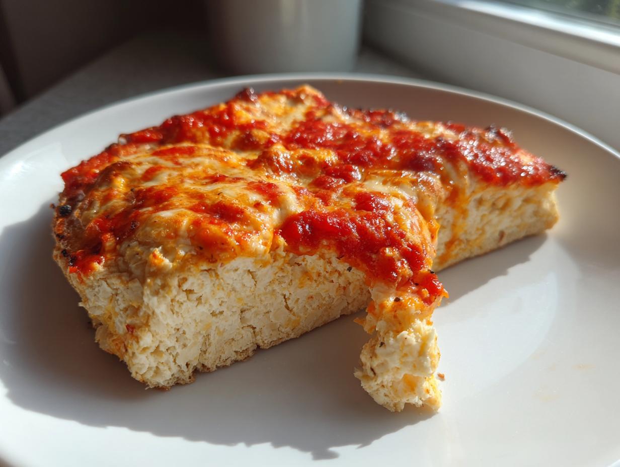Close-up of a thick slice of pizza made with cottage cheese pizza crust, topped with melted cheese and tomato sauce.