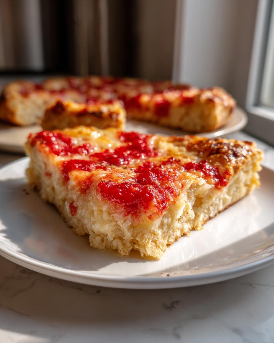 A thick, square slice of pizza with a fluffy cottage cheese pizza crust topped with bright red sauce.