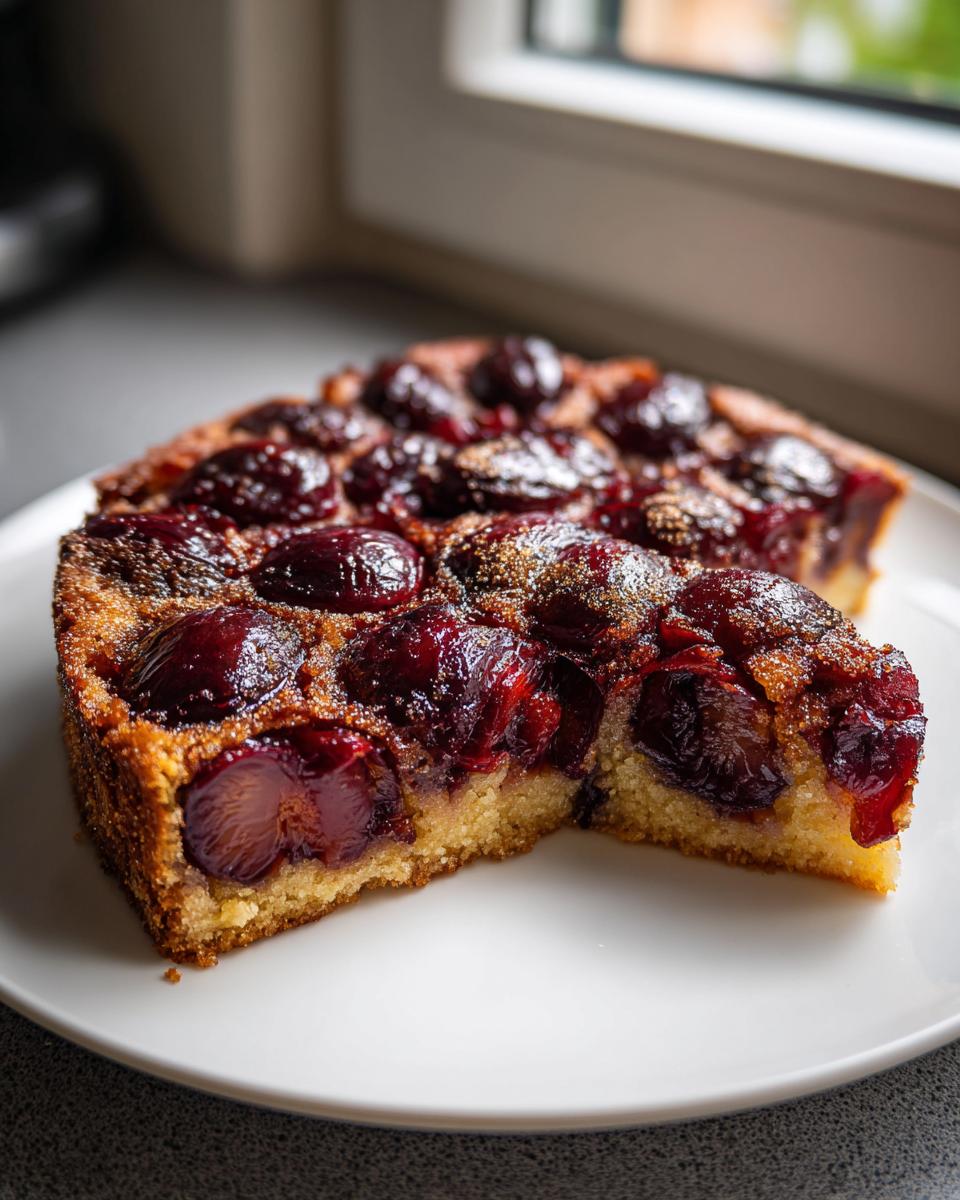 A close-up of a slice of german plum cake showing the moist yellow cake base and a rich topping of baked, dark red plums.