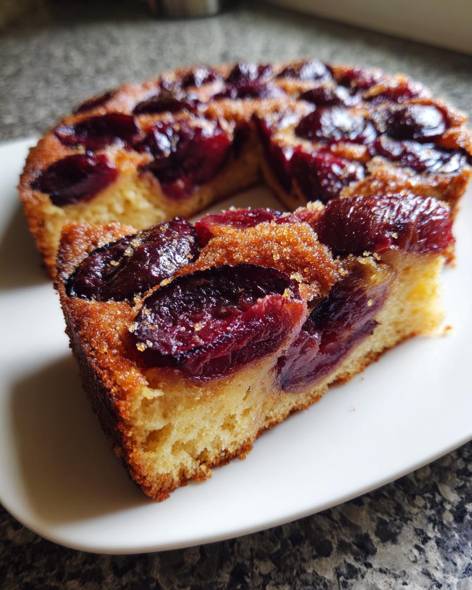 A close-up of a slice of moist german plum cake topped with baked, dark red plum halves and coarse sugar.