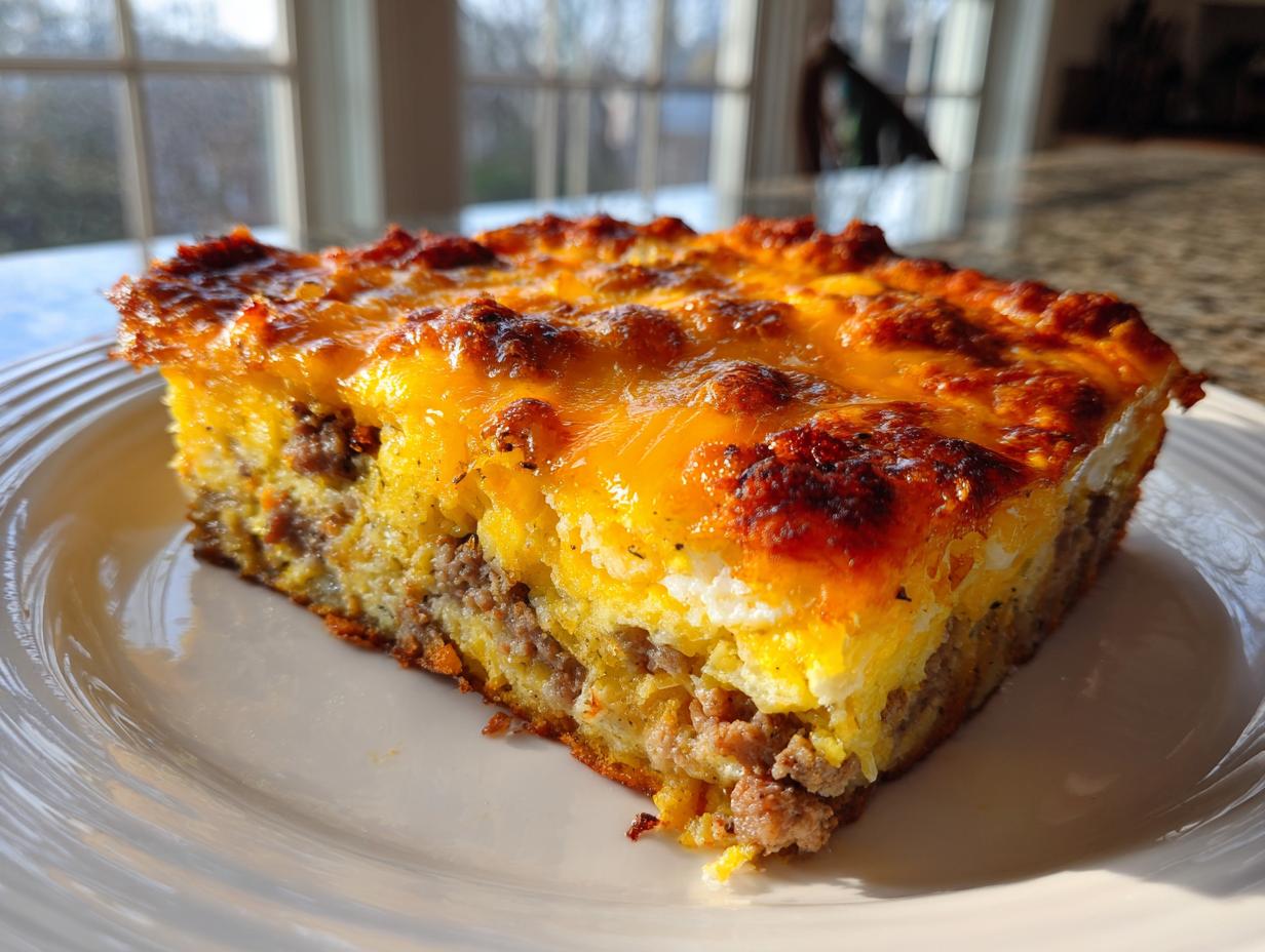 A hearty slice of 12-egg breakfast casserole with browned cheese topping and sausage filling.
