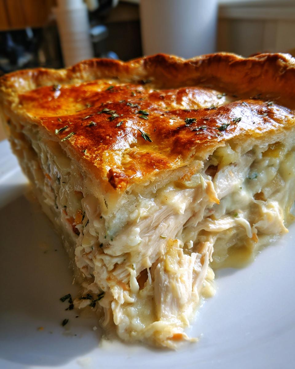 A close-up slice of rich chicken pot pie showing shredded chicken filling and a golden, flaky crust.