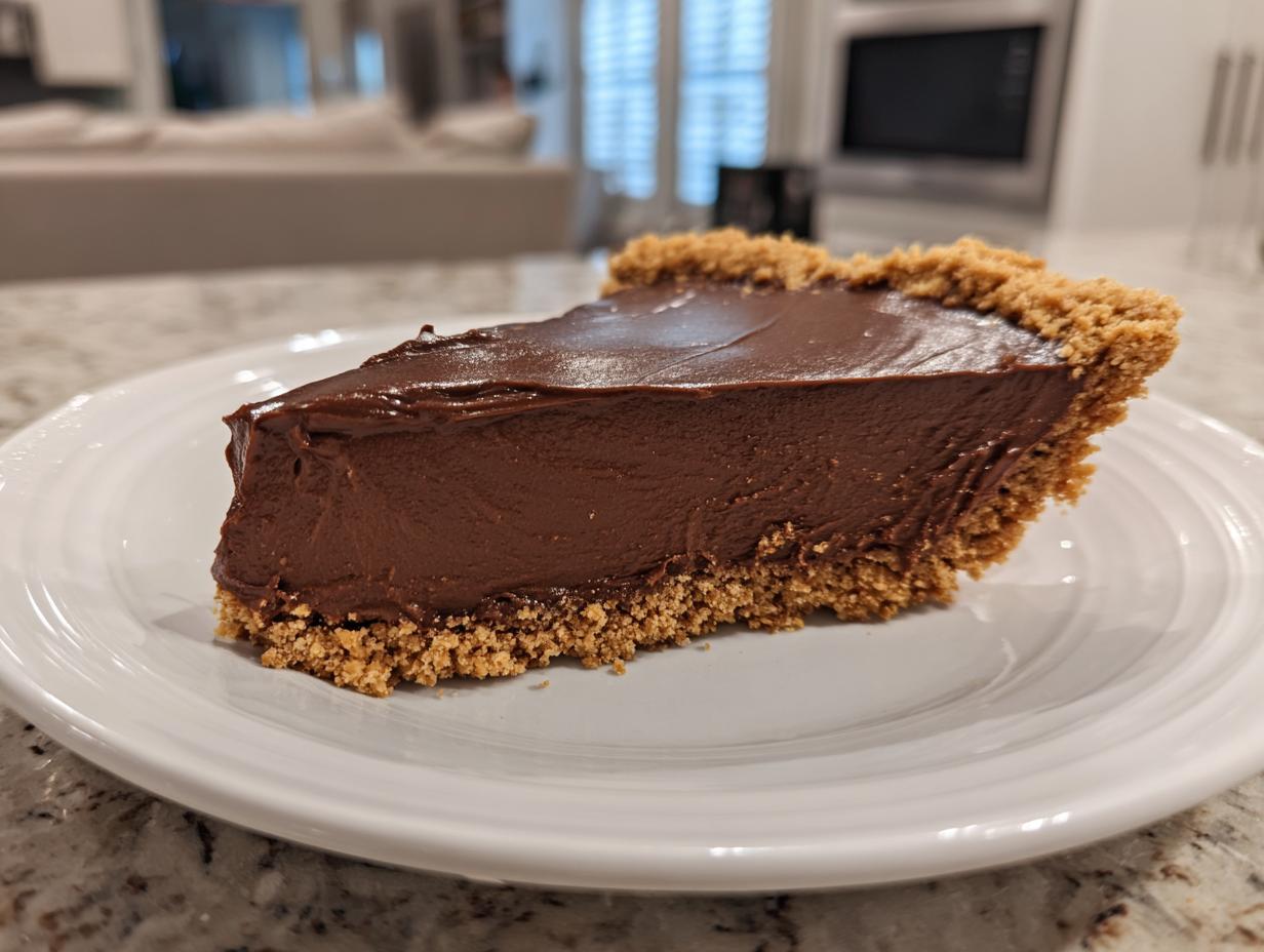 A thick slice of rich, dark chocolate pie with a graham cracker crust sits on a white plate.