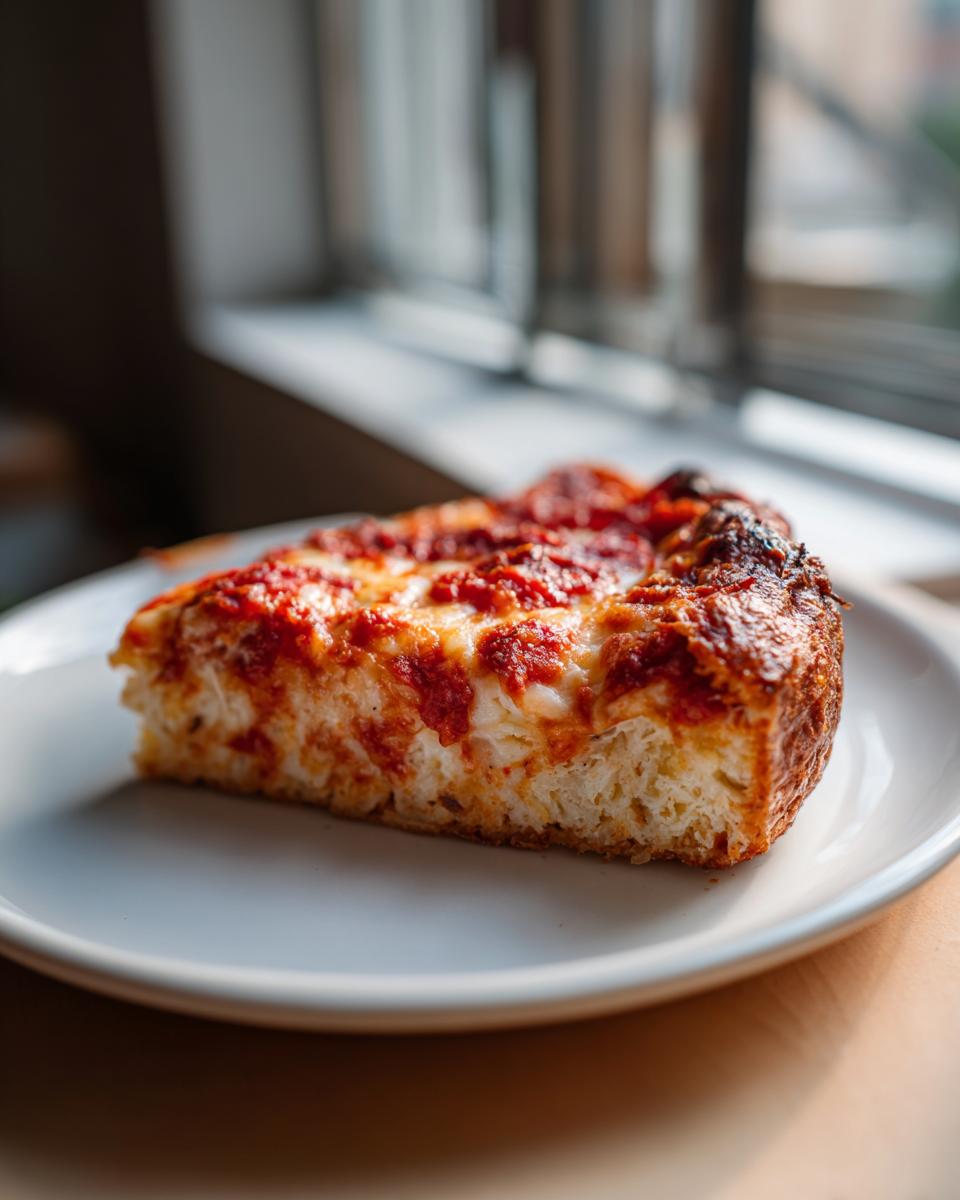 A thick slice of deep-dish style pizza showing the fluffy texture of the cottage cheese pizza crust, topped with sauce and melted cheese.