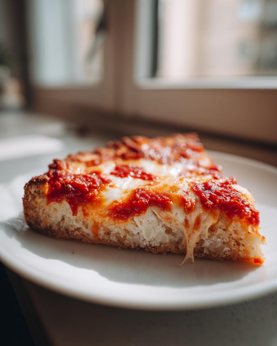 Close-up of a thick slice of pizza showing the texture of the cottage cheese pizza crust topped with melted cheese and sauce.