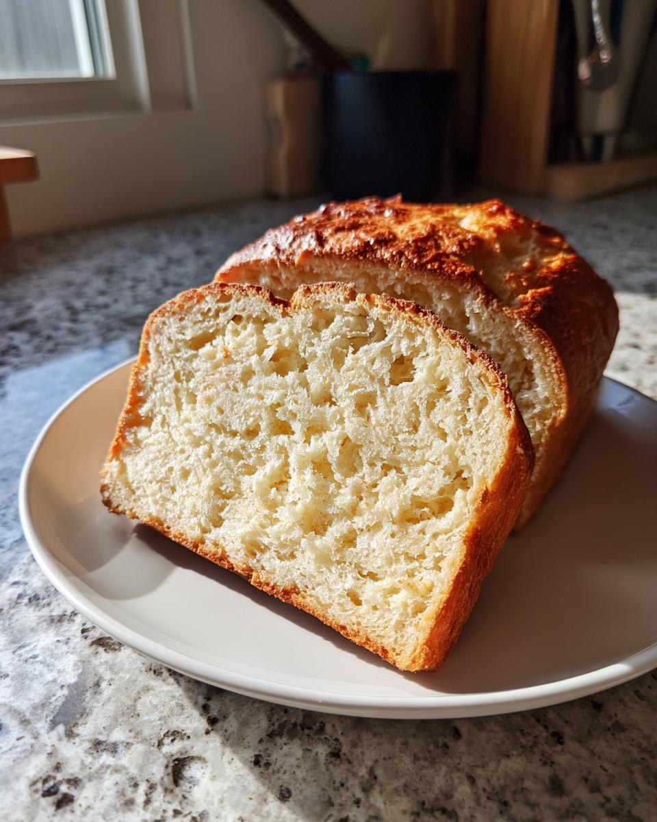 A freshly baked loaf of light, fluffy carnivore bread, sliced and resting on a white plate in natural sunlight.