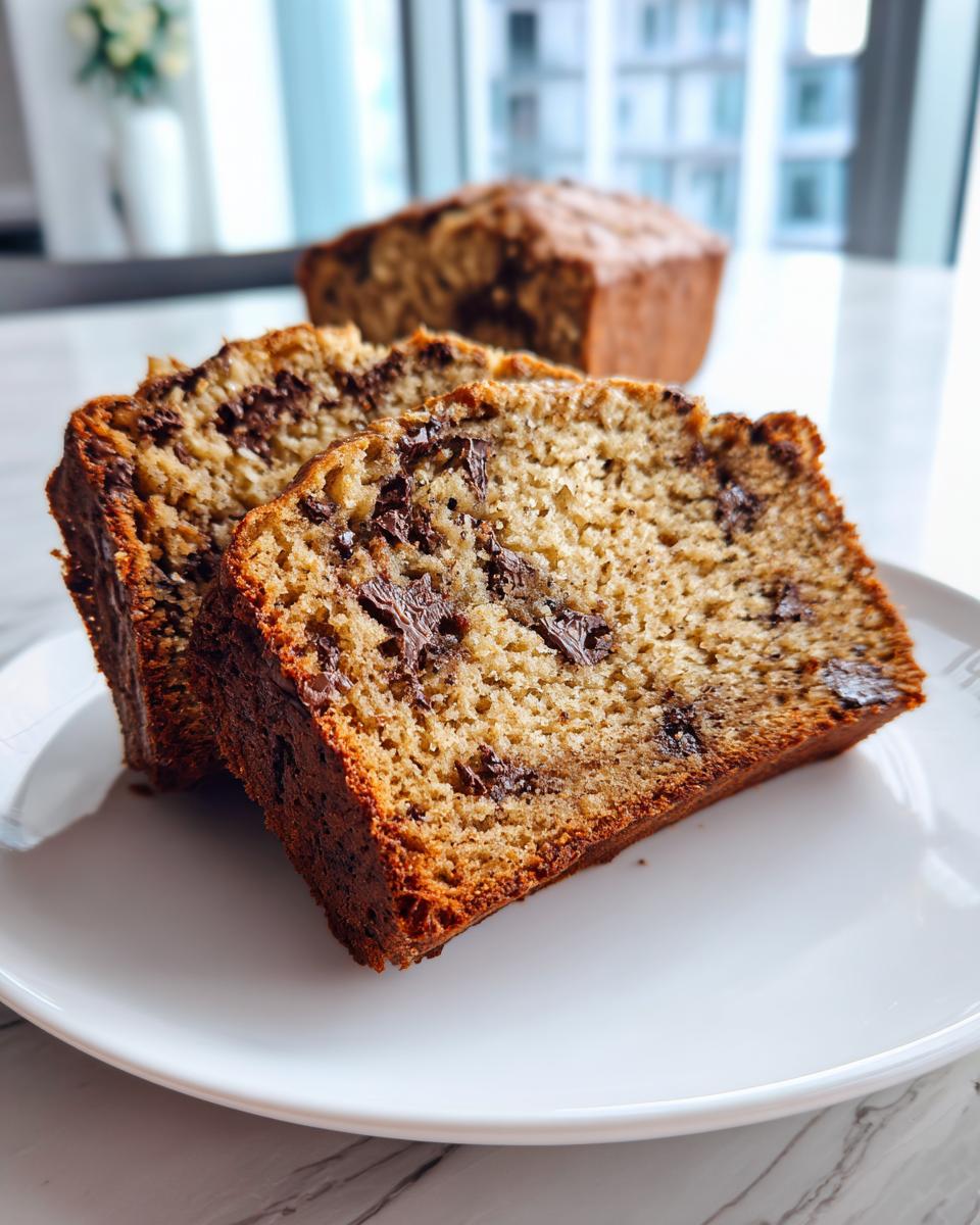Two thick slices of moist peanut butter banana bread studded with chocolate chips on a white plate.