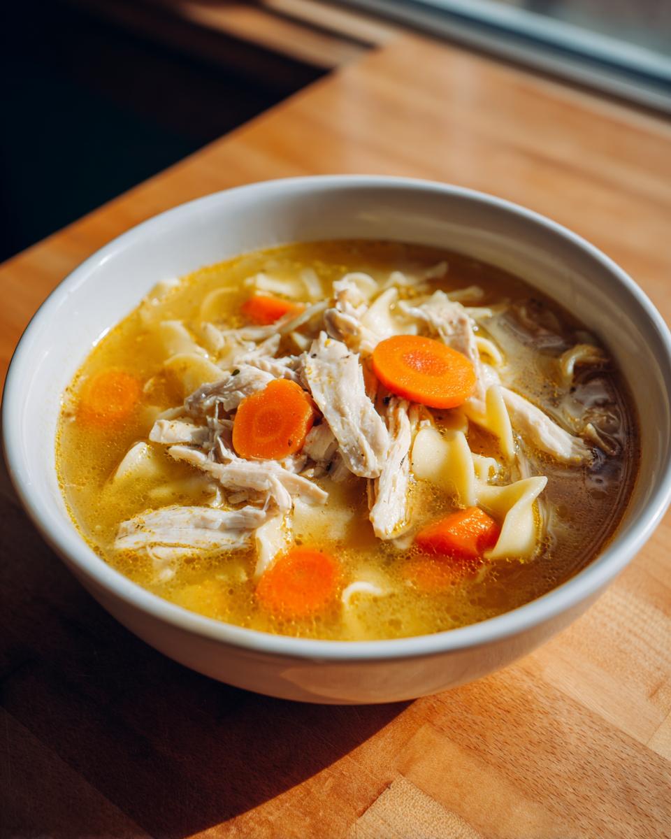 Close-up of a white bowl filled with rich broth, shredded chicken, egg noodles, and bright orange carrot slices from the slow cooker chicken noodle soup.