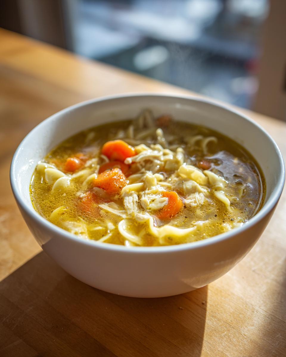 Close-up of a white bowl filled with hot slow cooker chicken noodle soup, showing broth, noodles, shredded chicken, and carrots.
