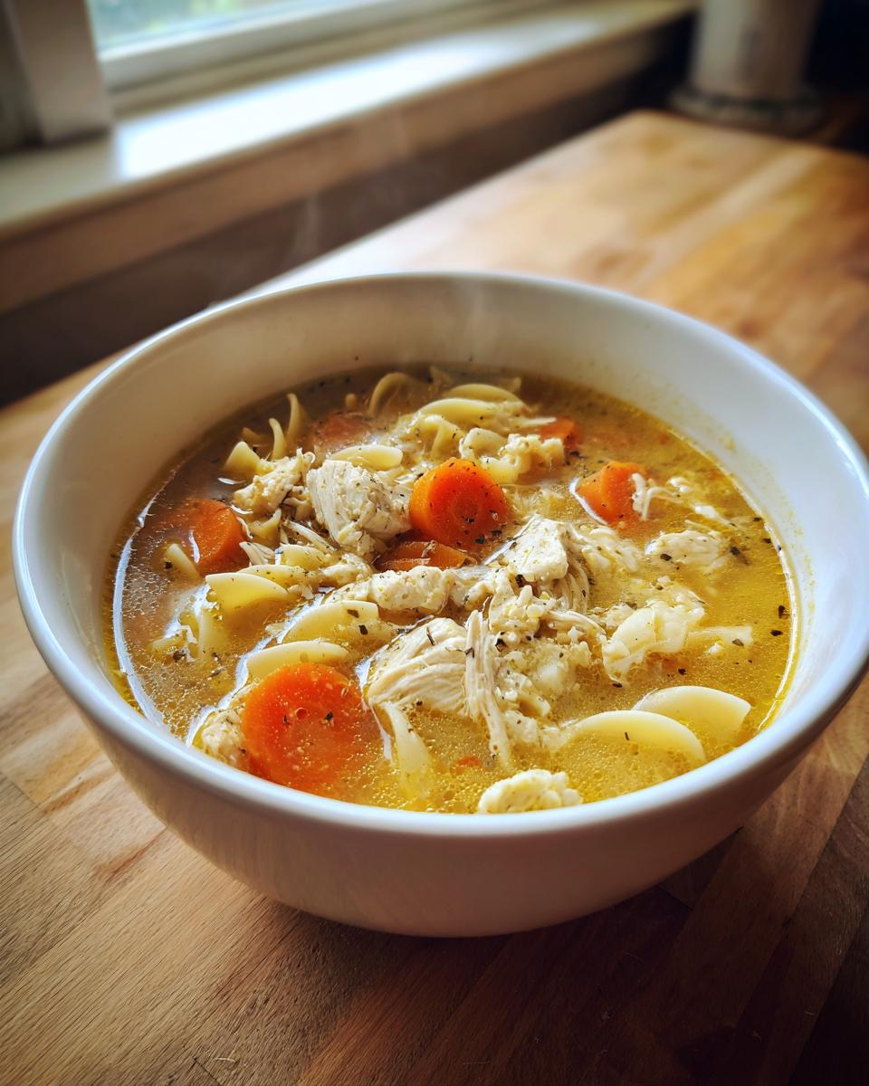 Close-up of a white bowl filled with hot slow cooker chicken noodle soup, featuring shredded chicken, egg noodles, and bright orange carrots.