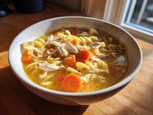 A close-up of a white bowl filled with steaming slow cooker chicken noodle soup, featuring shredded chicken and bright orange carrots.