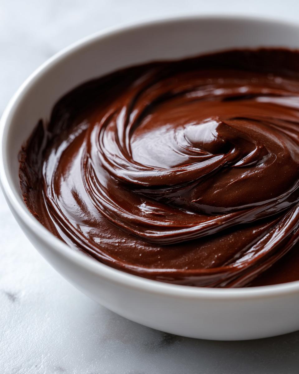 Close-up of glossy, freshly stirred chocolate ganache swirling in a white bowl.