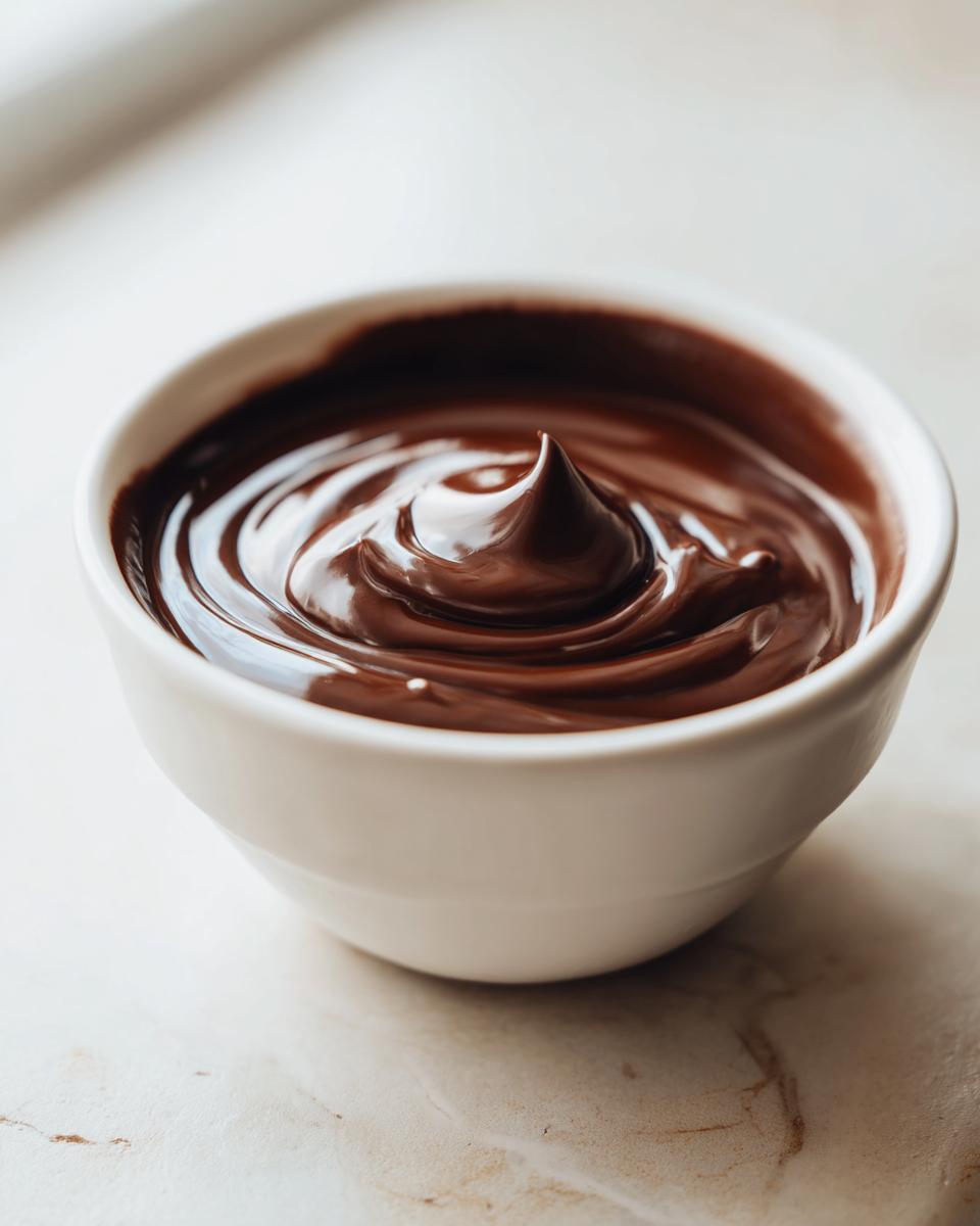 Close-up of glossy, rich chocolate ganache swirled in a small white bowl.