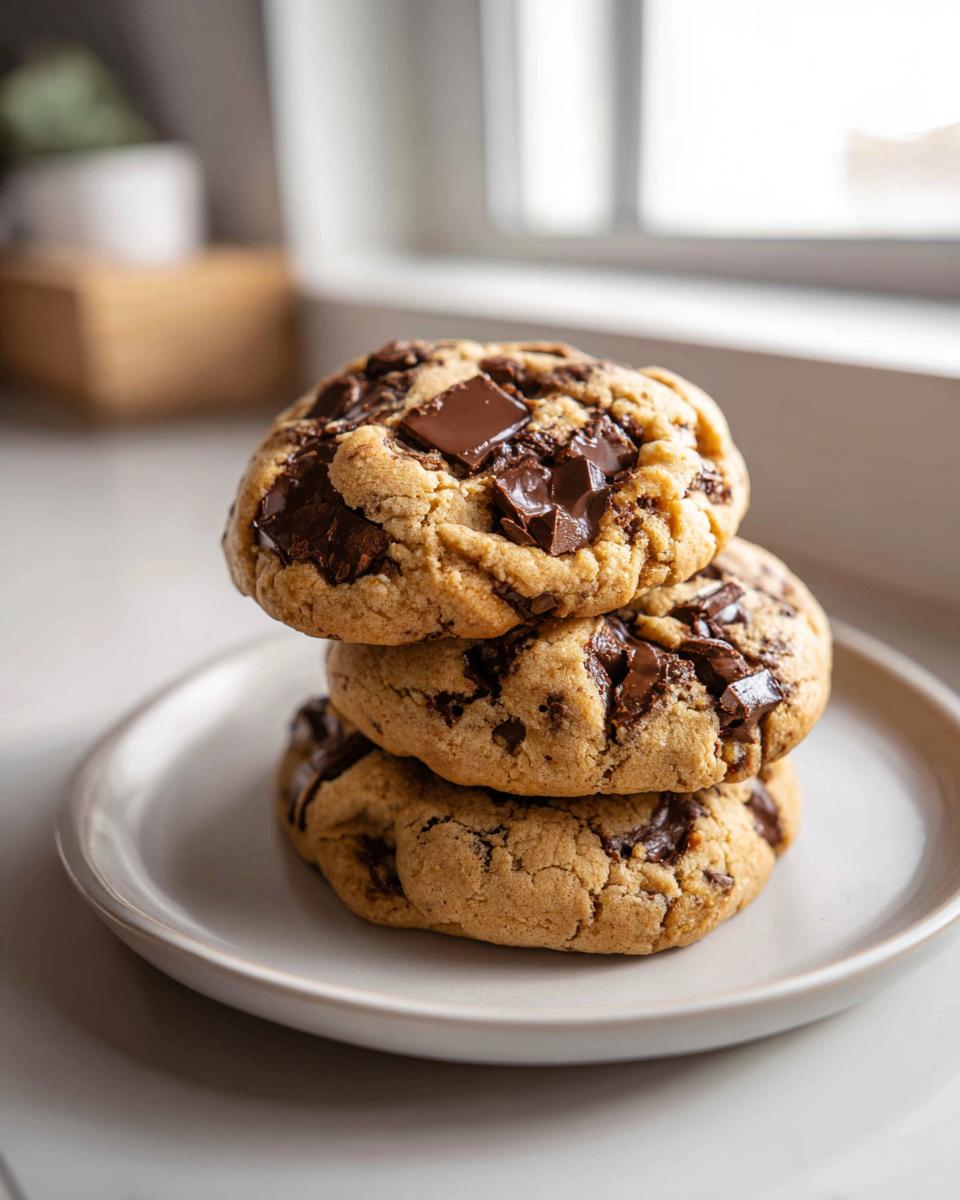 A stack of three thick, chewy chocolate chunk scoopable cookies resting on a small, light gray plate.