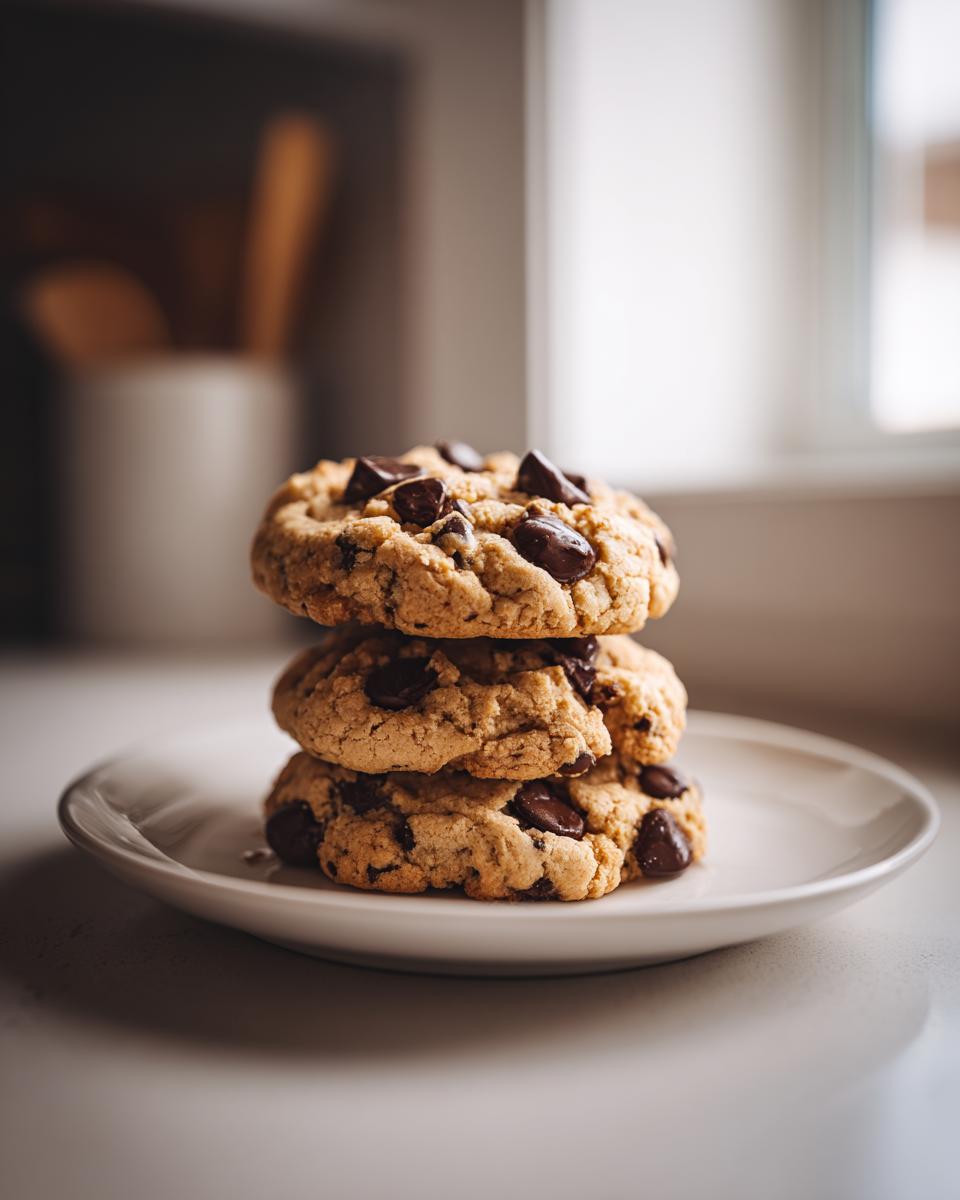 A stack of three perfectly baked, thick scoopable cookies loaded with chocolate chips, resting on a white plate.