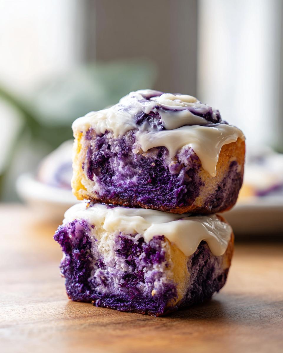 Two stacked, cut halves of vibrant purple ube cinnamon rolls topped with thick white cream cheese icing.