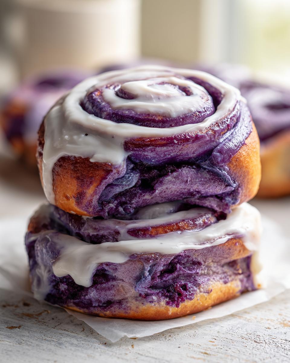 Two stacked, vibrant purple ube cinnamon rolls generously drizzled with white cream cheese icing.