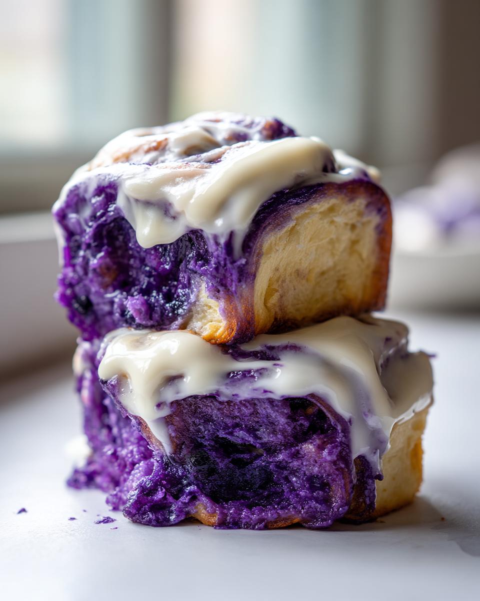 Two stacked, gooey ube cinnamon rolls dripping with white cream cheese icing, showing the vibrant purple filling.