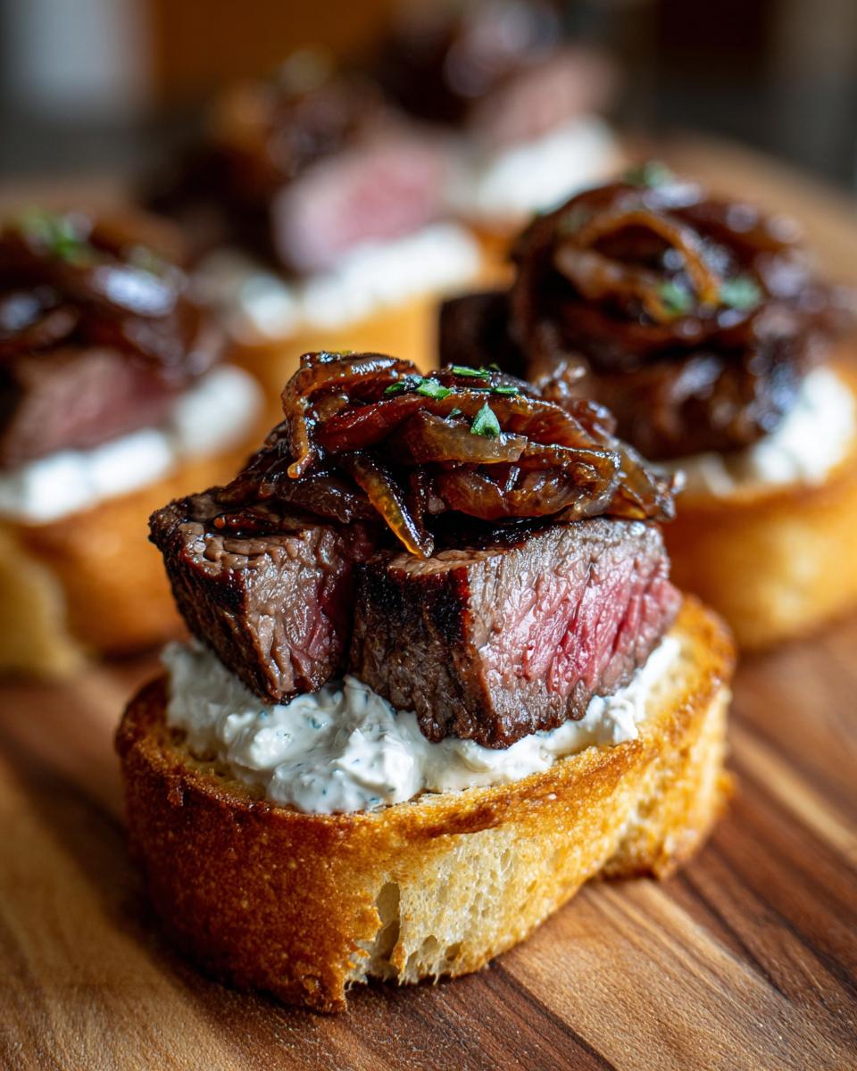 A single steak crostini topped with creamy spread, medium-rare steak, and caramelized onions, ready to serve.