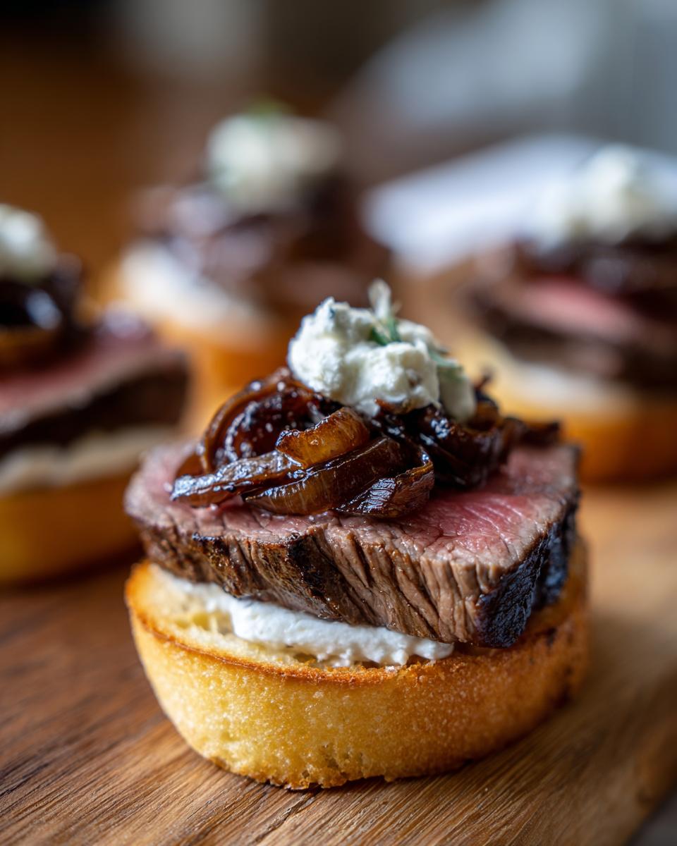 Close-up of a single steak crostini topped with medium-rare steak, caramelized onions, and blue cheese spread.