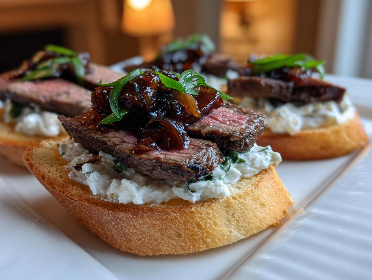 A close-up of perfectly cooked steak crostini topped with creamy cheese, seared steak, and caramelized onions.