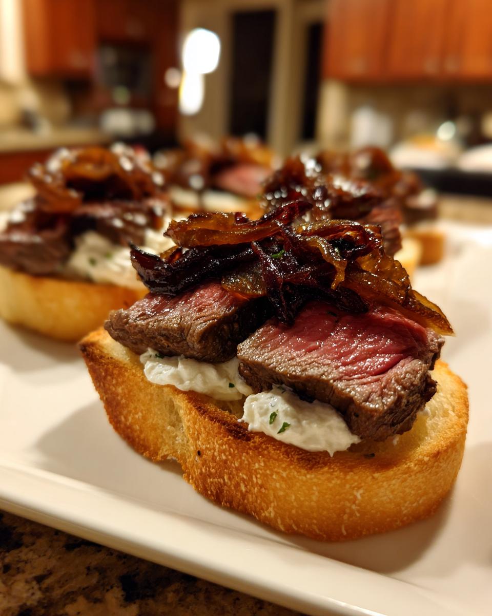 Close-up of a steak crostini featuring medium-rare steak, creamy cheese spread, and caramelized onions on toasted bread.