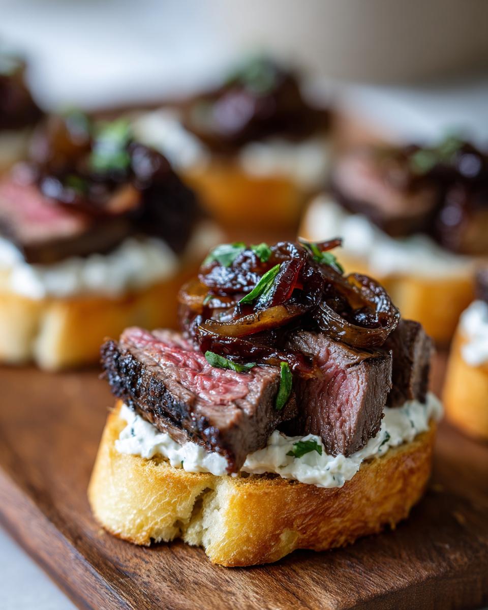 Close-up of a steak crostini featuring medium-rare steak, creamy cheese spread, and caramelized onions on toasted bread.