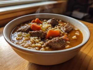 A steaming white bowl filled with rich beef barley soup, showing chunks of beef, carrots, and barley.