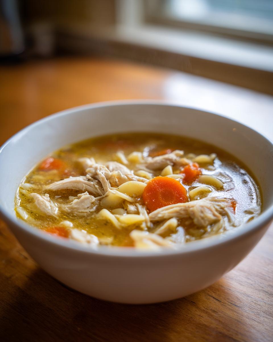 Close-up of a white bowl filled with steaming slow cooker chicken noodle soup, featuring shredded chicken, egg noodles, and bright orange carrots.