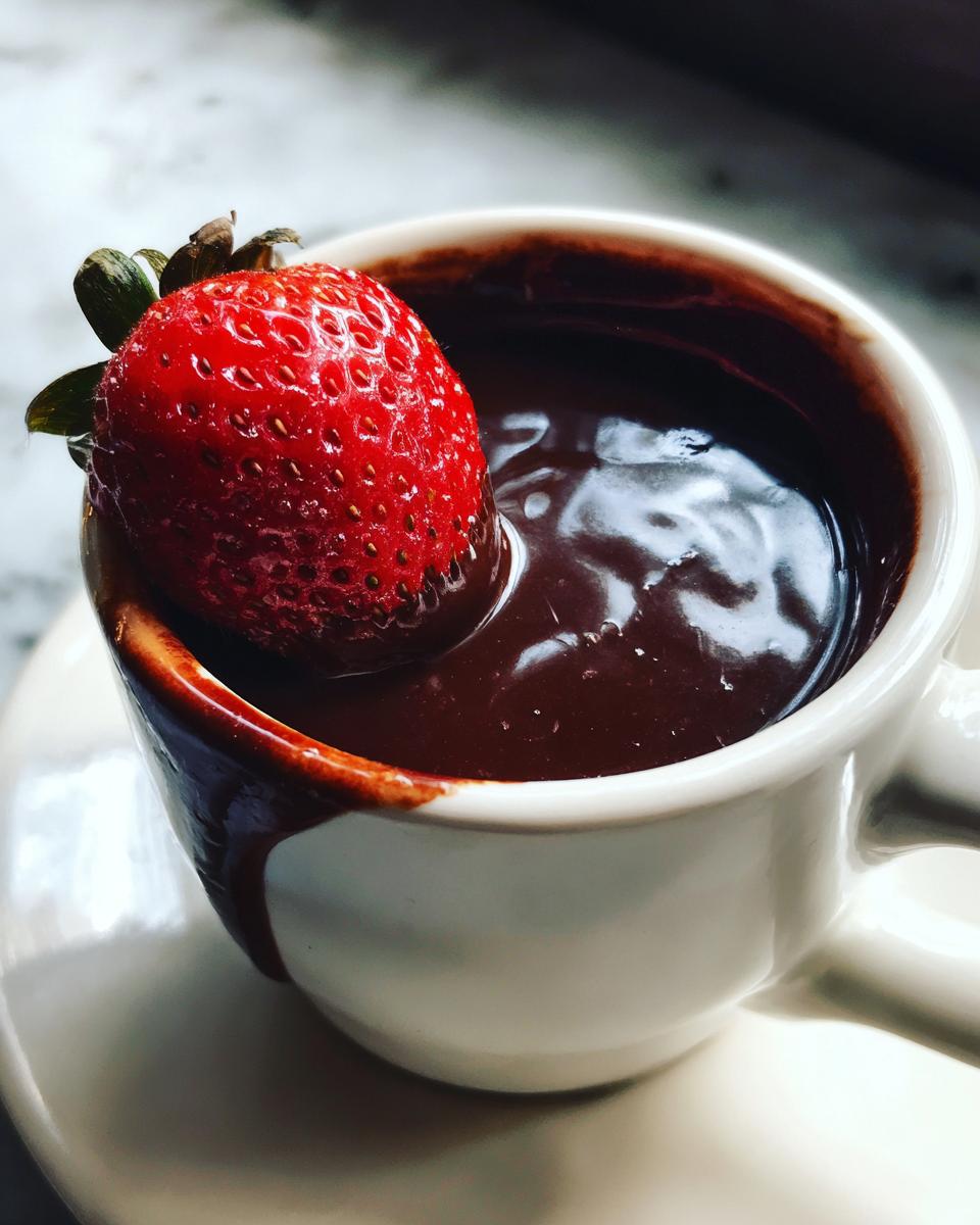 Close-up of a fresh strawberry being dipped into a small white cup of rich, melted chocolate fondue.