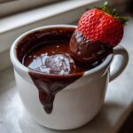 A fresh strawberry being dipped into rich, melted chocolate fondue served in a small white mug.