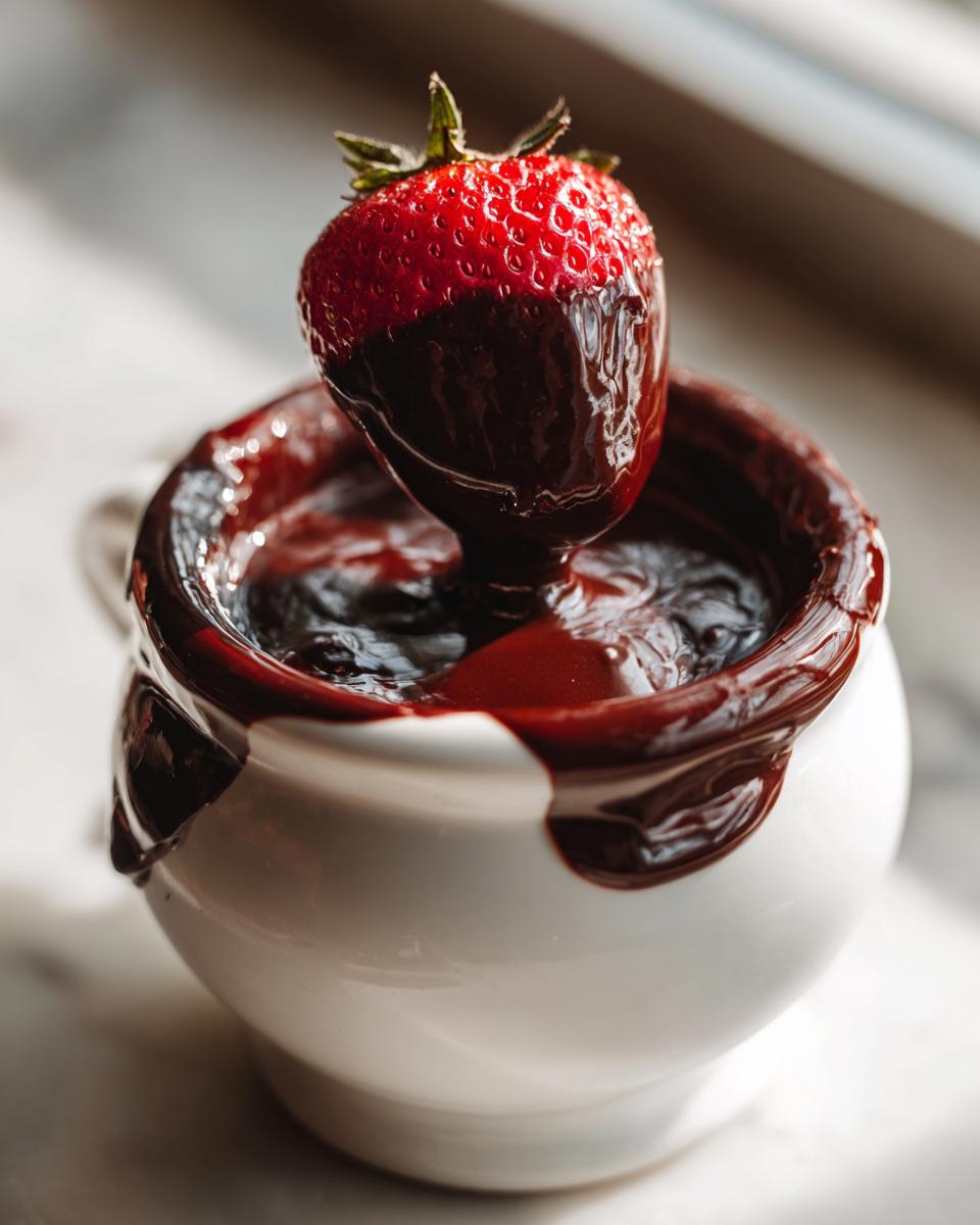A fresh strawberry being dipped into a small white bowl of rich chocolate fondue.