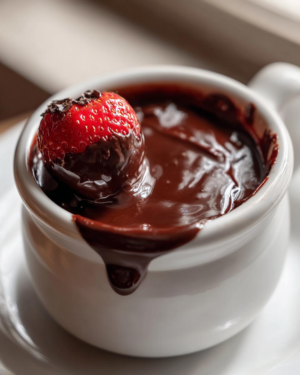 Close-up of a fresh strawberry partially dipped in smooth, melted chocolate fondue in a white cup.
