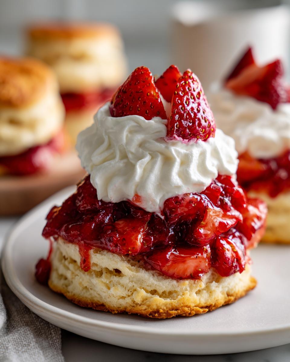 Close-up of a fluffy biscuit layered with macerated strawberries and topped with whipped cream for a delicious shortcake.