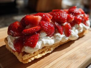 Close-up of a rectangular shortcake base topped with whipped cream and glazed, sliced strawberries.