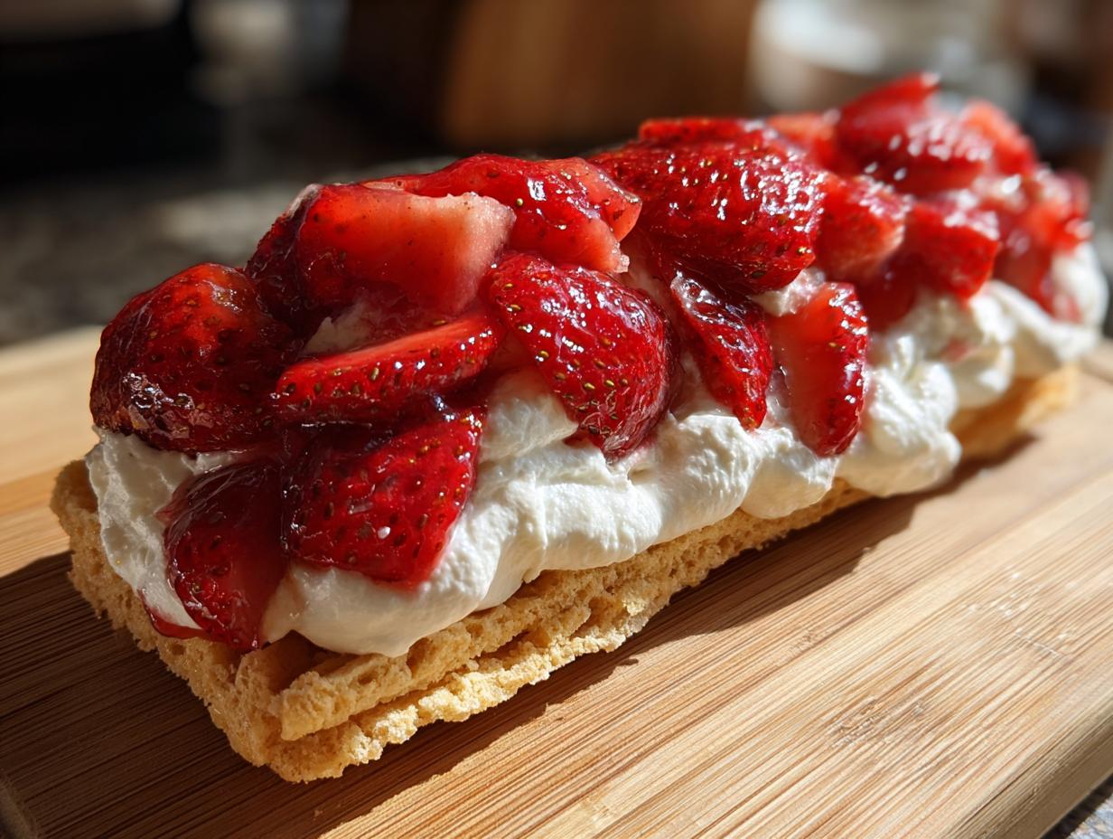 Close-up of a rectangular shortcake base topped with whipped cream and glazed, sliced strawberries.