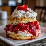 A tall, delicious strawberry shortcake featuring layers of biscuit, macerated strawberries, and whipped cream.