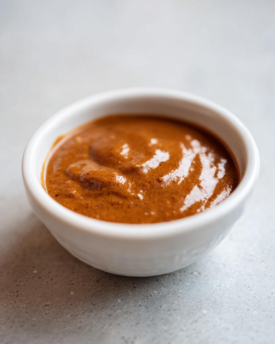 Close-up of rich, brown Swedish meatball sauce served in a small white dipping bowl.
