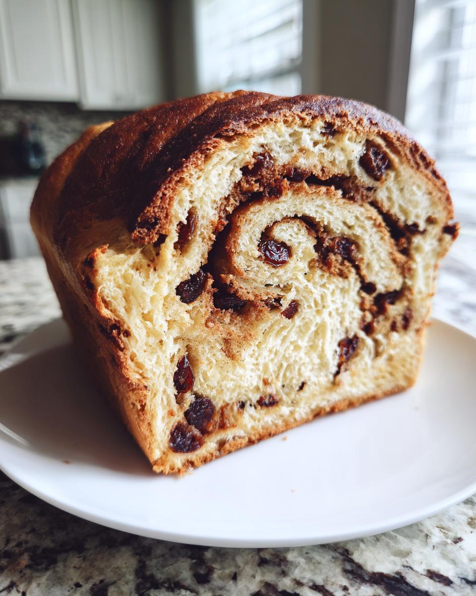 Close-up of a slice of homemade raisin bread showing a beautiful cinnamon swirl and plump raisins inside.