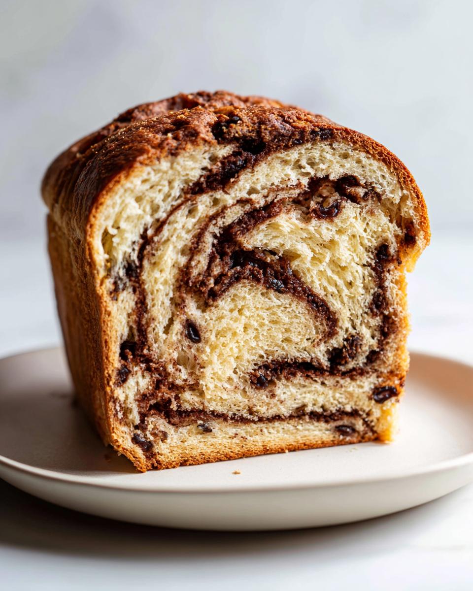 A close-up of a freshly baked loaf of raisin bread showing the beautiful swirl of cinnamon and raisins inside.