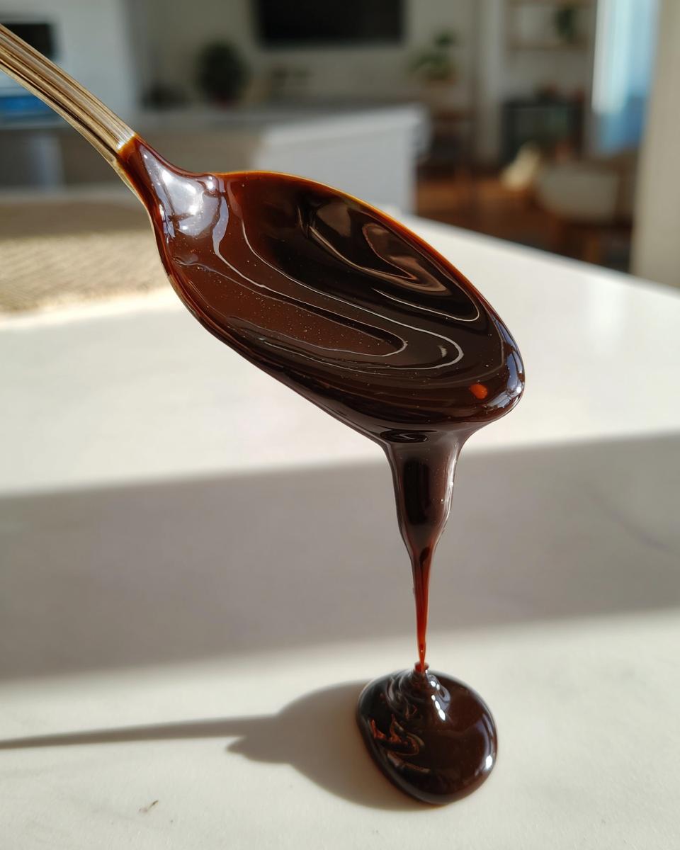 Close-up of thick, glossy chocolate syrup dripping from a metal spoon onto a white surface.
