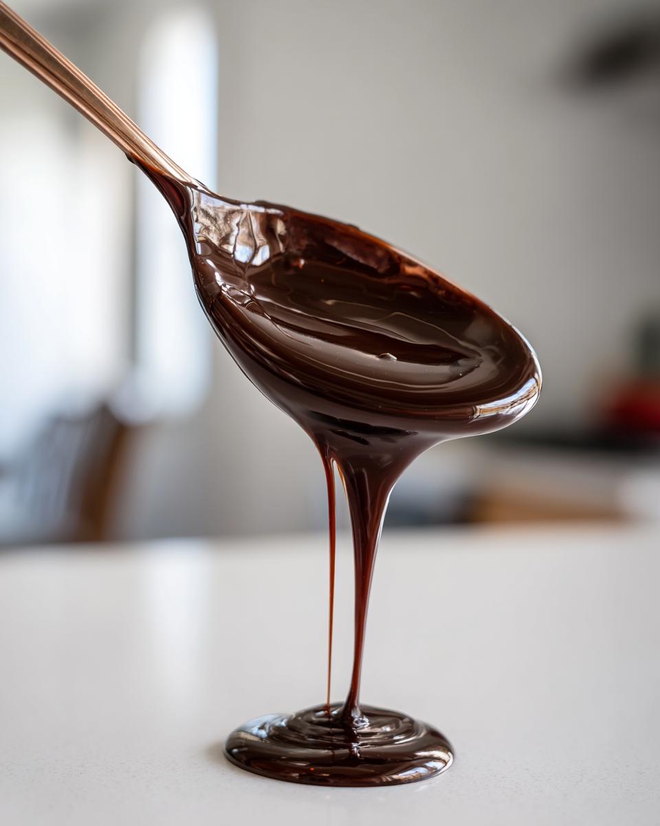 Close-up of thick, glossy homemade chocolate syrup dripping from a copper spoon onto a white counter.