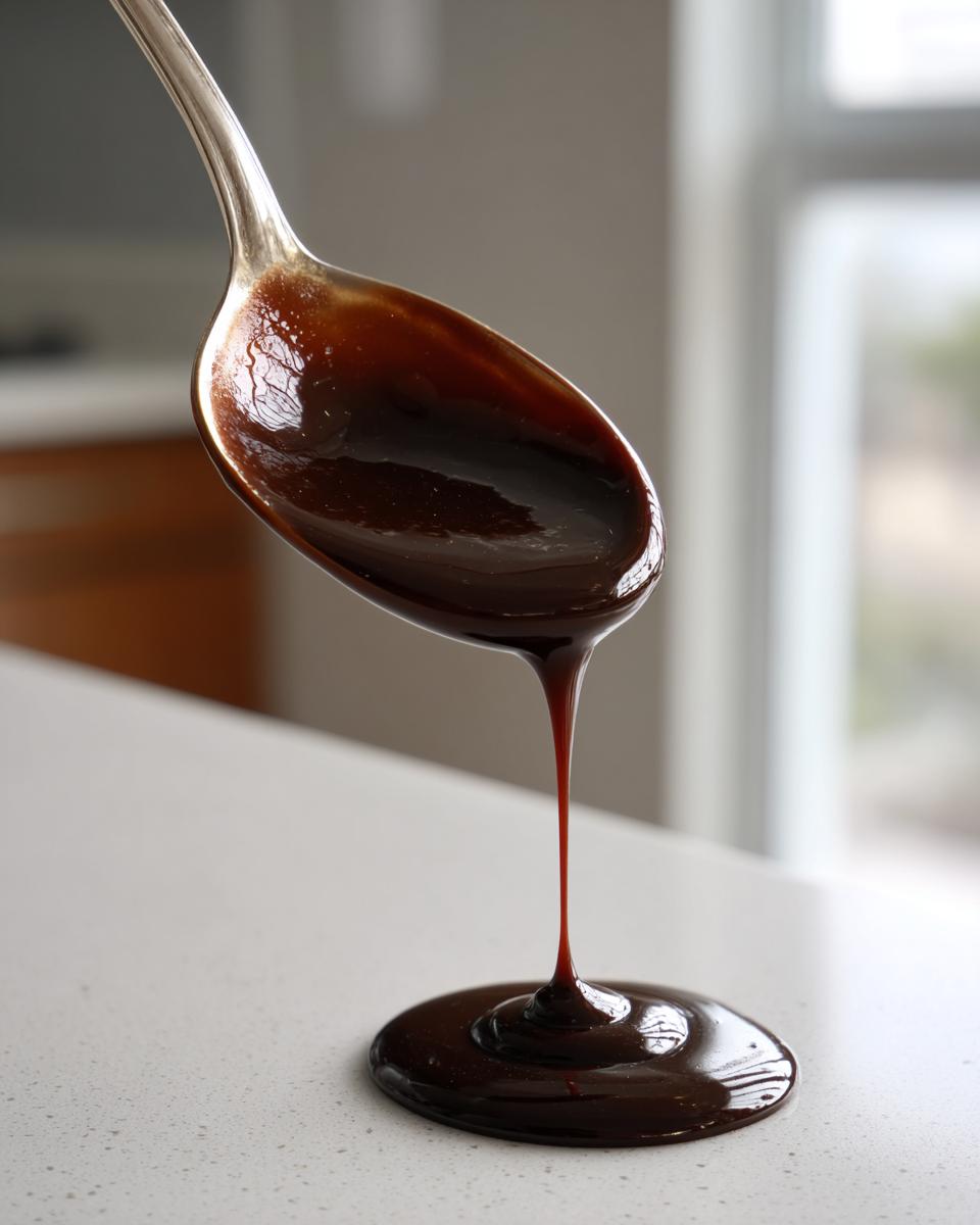A silver spoon holds thick, glossy chocolate syrup as it drips onto a white countertop, showcasing the texture of the homemade chocolate syrup.
