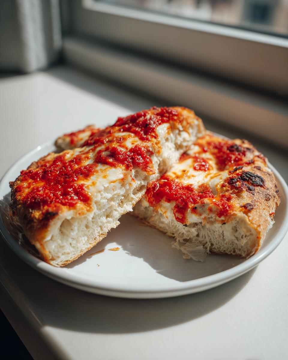 Two thick slices of pizza with bright red sauce and melted cheese, showing the airy interior of the cottage cheese pizza crust.
