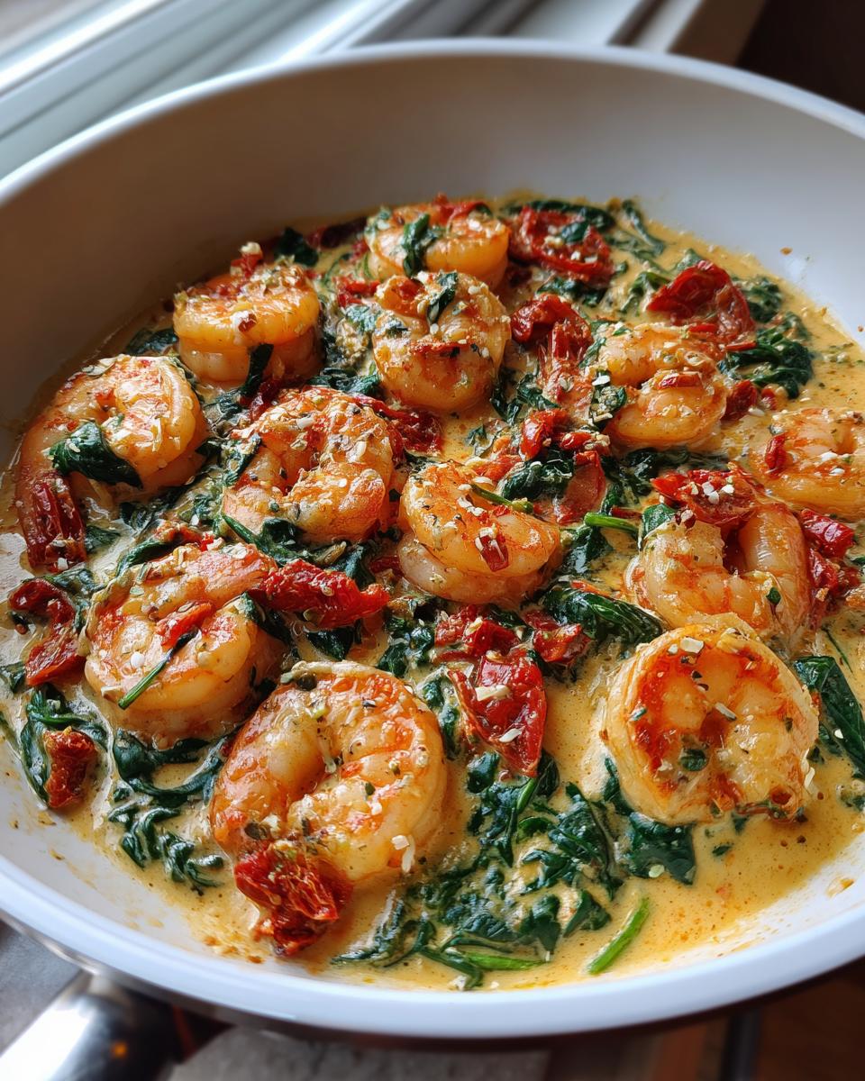 Close-up of succulent shrimp in a creamy sauce with wilted spinach and sun-dried tomatoes, a perfect Tuscan shrimp dish.