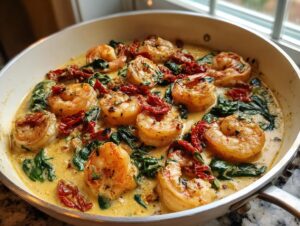 Close-up of juicy, seasoned Tuscan shrimp simmering in a creamy sauce with spinach and sun-dried tomatoes in a white skillet.