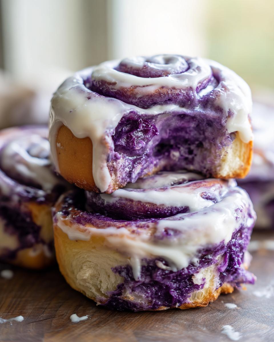 Two stacked, gooey ube cinnamon rolls topped with white icing, one having a bite taken out showing the vibrant purple filling.