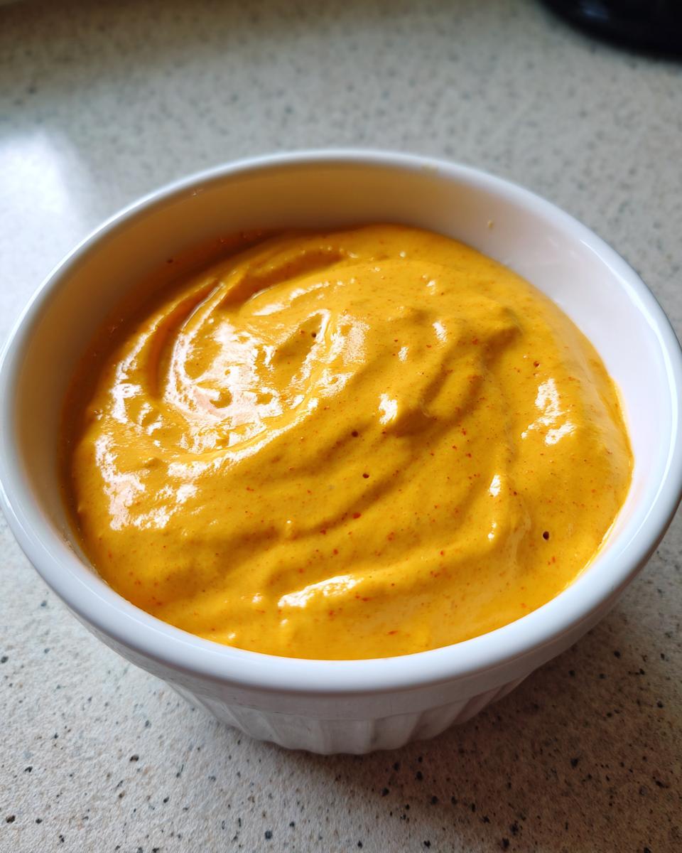 Close-up of vibrant orange cottage cheese queso dip with visible spice specks in a small white bowl.